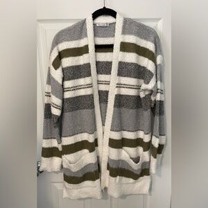 💃 PINK CLOVER Soft Cozy Stripes Fuzzy Open Front Cardigan Sweater Size L NWOT